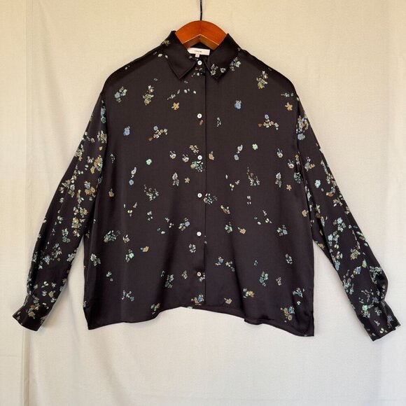 Vince Tops - Vince Black Blue Scattered Floral Print 100% Silk Mother of Pearl Button Blouse